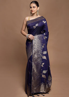 Blue Dupion Silk Saree With Blouse Piece