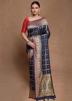 Blue Dupion Silk Saree With Blouse Piece