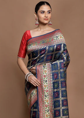 Blue Dupion Silk Saree With Blouse Piece