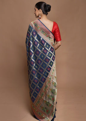 Blue Dupion Silk Saree With Blouse Piece