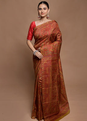 Yellow Printed Pure Silk Saree Without Blouse Piece