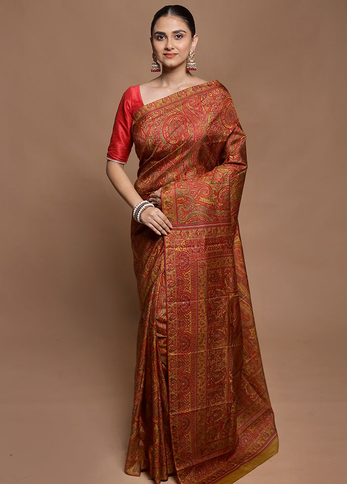 Yellow Printed Pure Silk Saree Without Blouse Piece