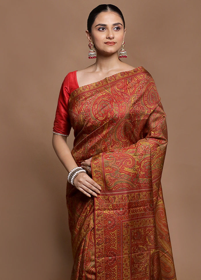 Yellow Printed Pure Silk Saree Without Blouse Piece