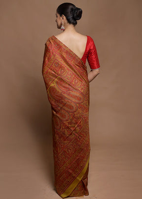 Yellow Printed Pure Silk Saree Without Blouse Piece