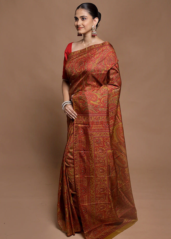 Yellow Printed Pure Silk Saree Without Blouse Piece