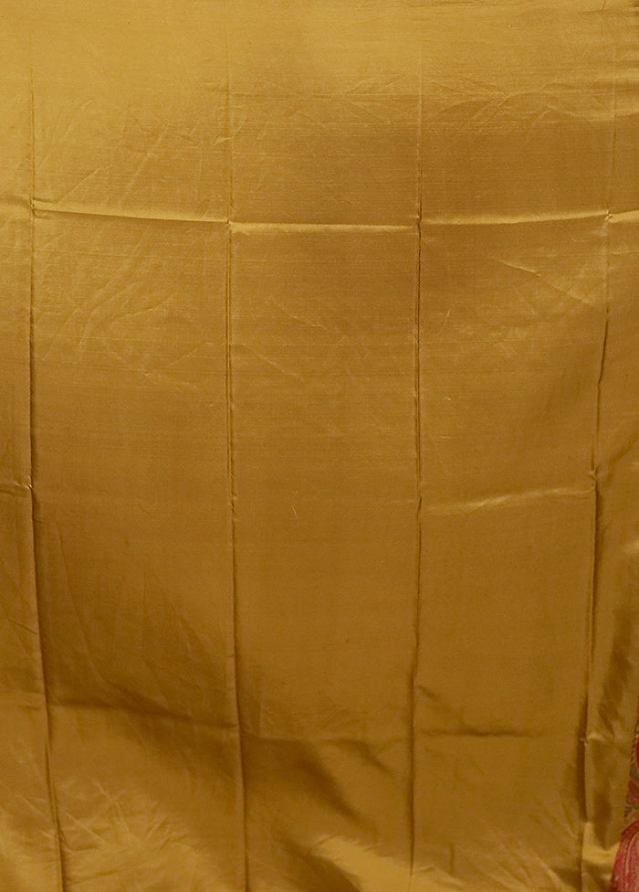 Yellow Printed Pure Silk Saree Without Blouse Piece