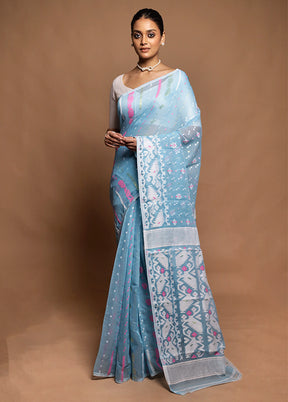Blue Jamdani Cotton Saree Without Blouse Piece