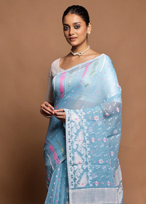 Blue Jamdani Cotton Saree Without Blouse Piece