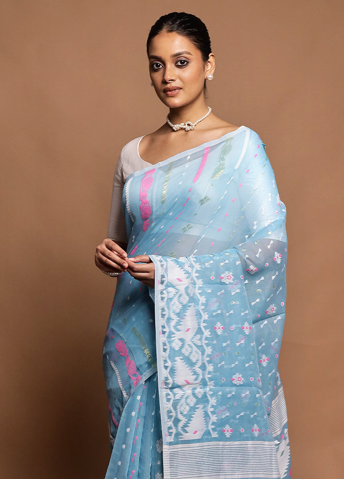 Blue Jamdani Cotton Saree Without Blouse Piece