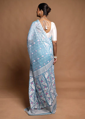 Blue Jamdani Cotton Saree Without Blouse Piece