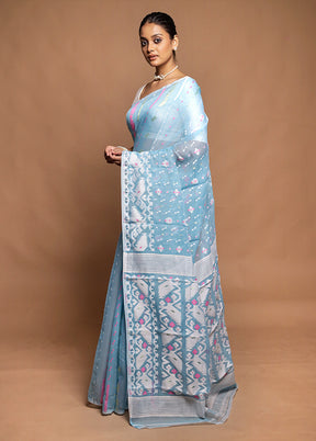 Blue Jamdani Cotton Saree Without Blouse Piece