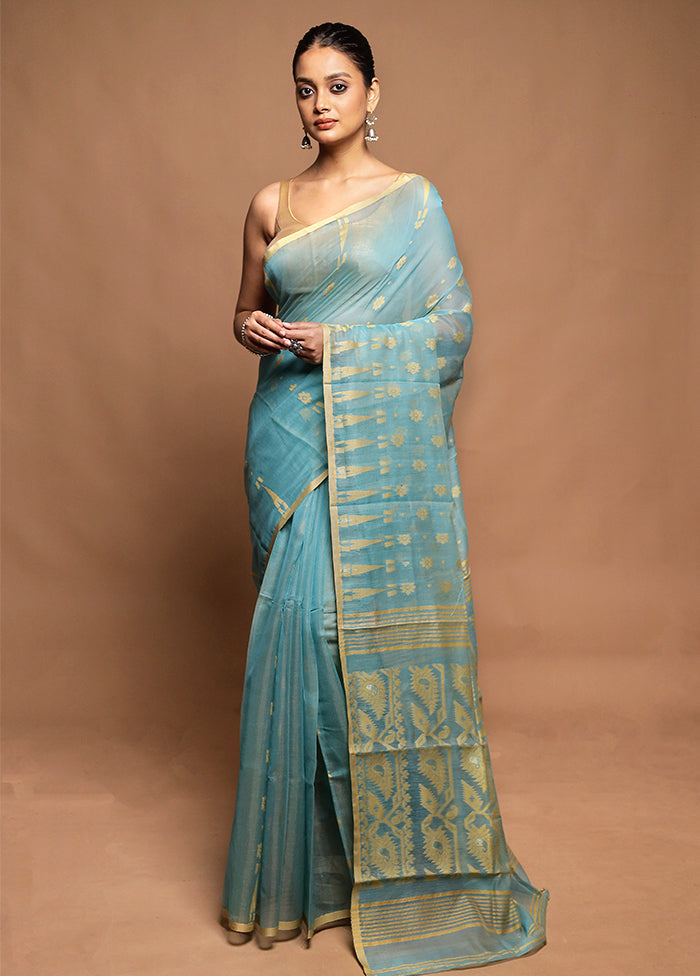 Blue Jamdani Cotton Saree Without Blouse Piece