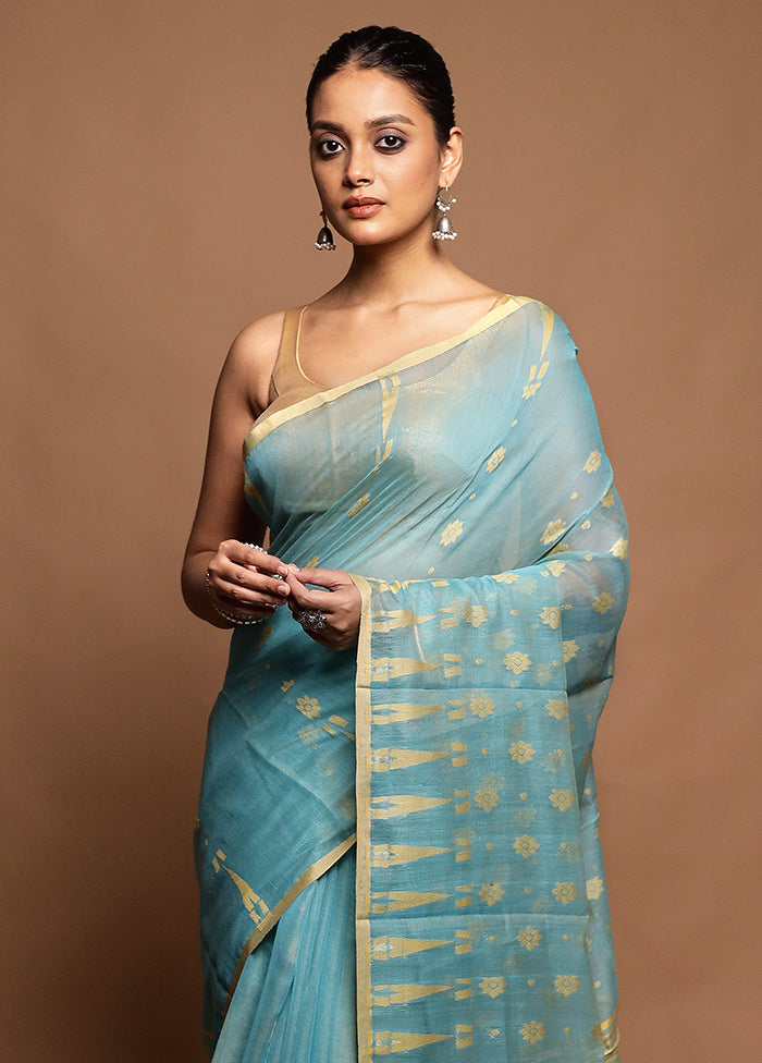 Blue Jamdani Cotton Saree Without Blouse Piece