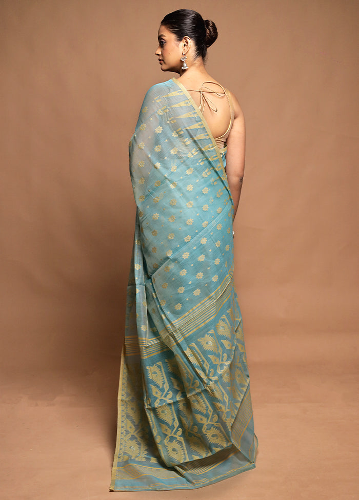 Blue Jamdani Cotton Saree Without Blouse Piece