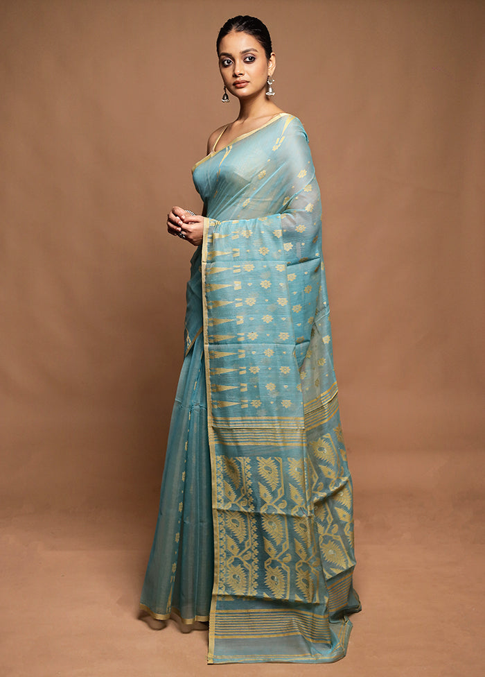 Blue Jamdani Cotton Saree Without Blouse Piece