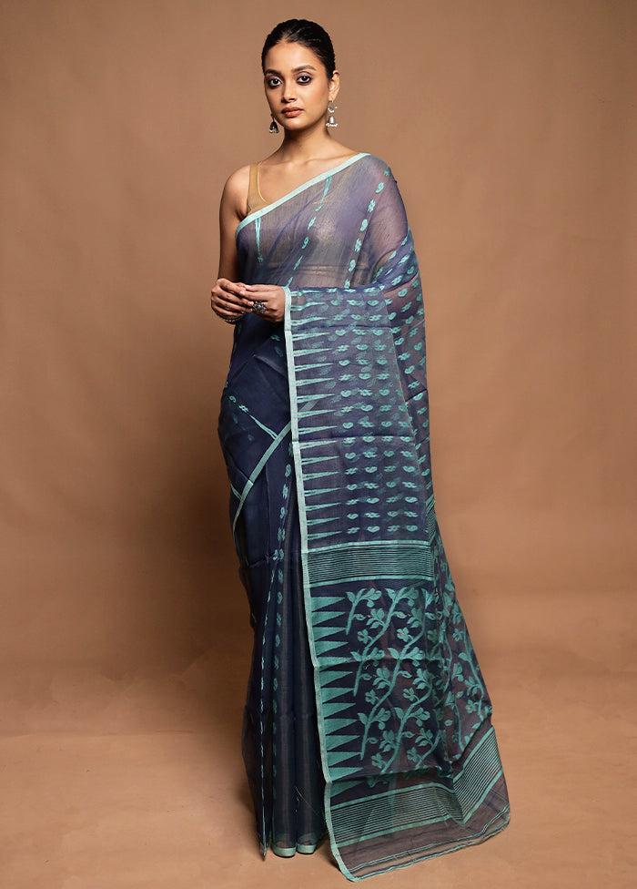 Blue Jamdani Cotton Saree Without Blouse Piece