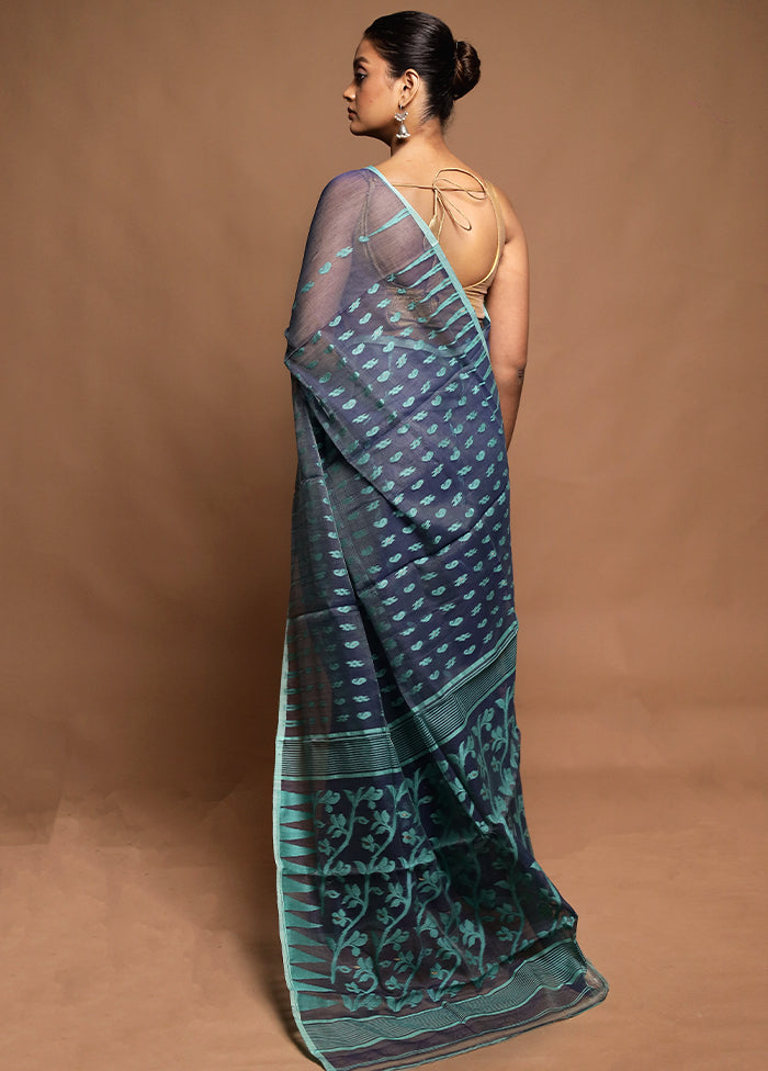 Blue Jamdani Cotton Saree Without Blouse Piece