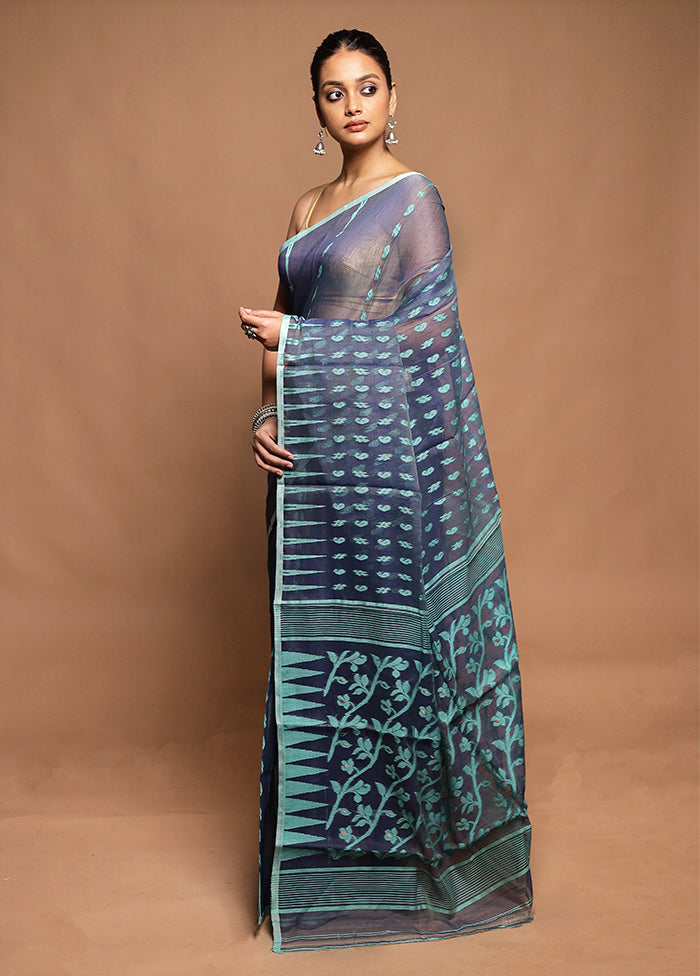 Blue Jamdani Cotton Saree Without Blouse Piece