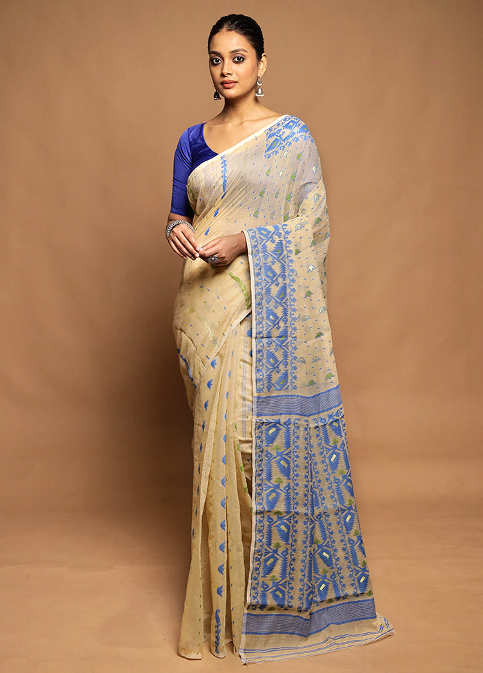 Cream Jamdani Cotton Saree Without Blouse Piece