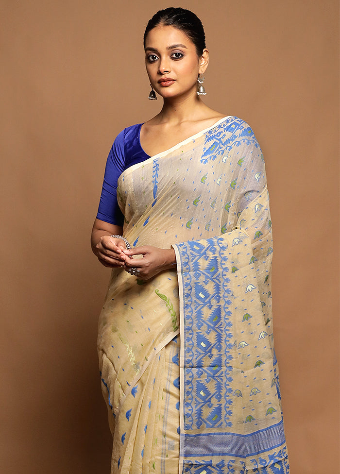 Cream Jamdani Cotton Saree Without Blouse Piece