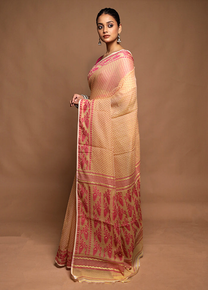 Cream Jamdani Cotton Saree Without Blouse Piece
