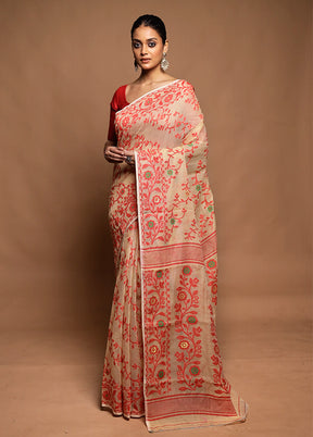 Cream Jamdani Cotton Saree Without Blouse Piece