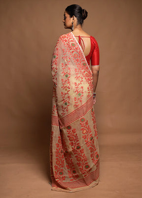 Cream Jamdani Cotton Saree Without Blouse Piece
