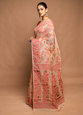 Cream Jamdani Cotton Saree Without Blouse Piece
