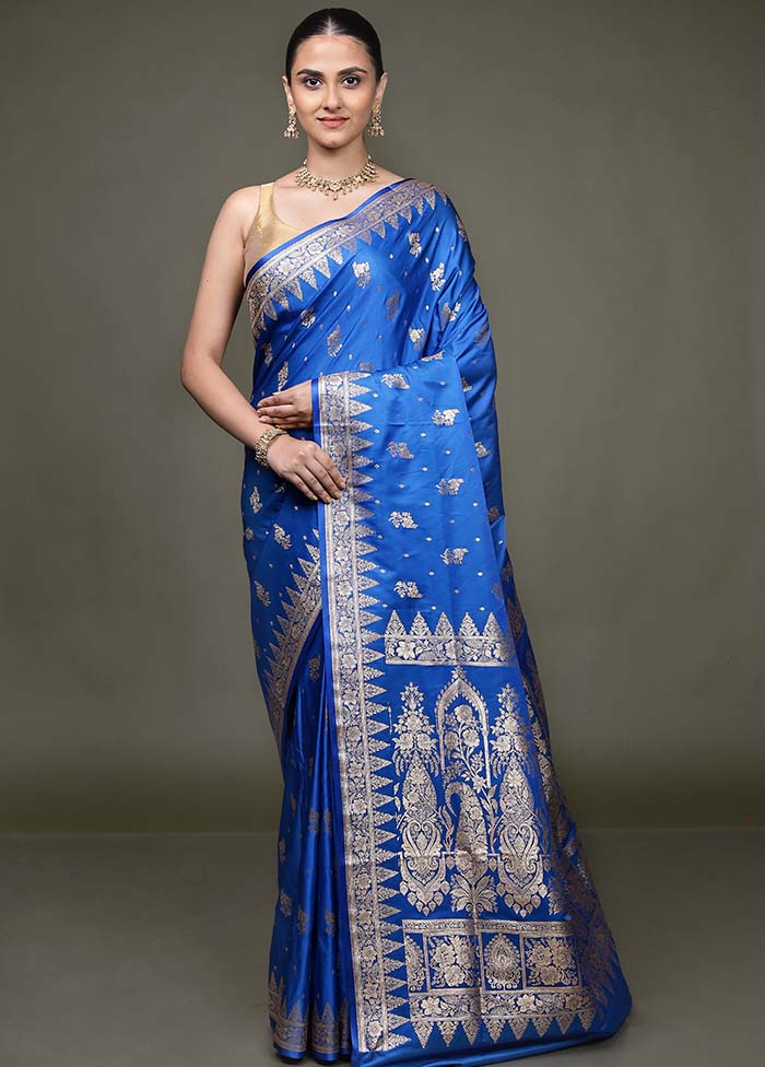 Blue Banarasi Silk Saree With Blouse Piece