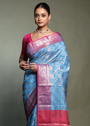 Blue Kora Silk Saree With Blouse Piece