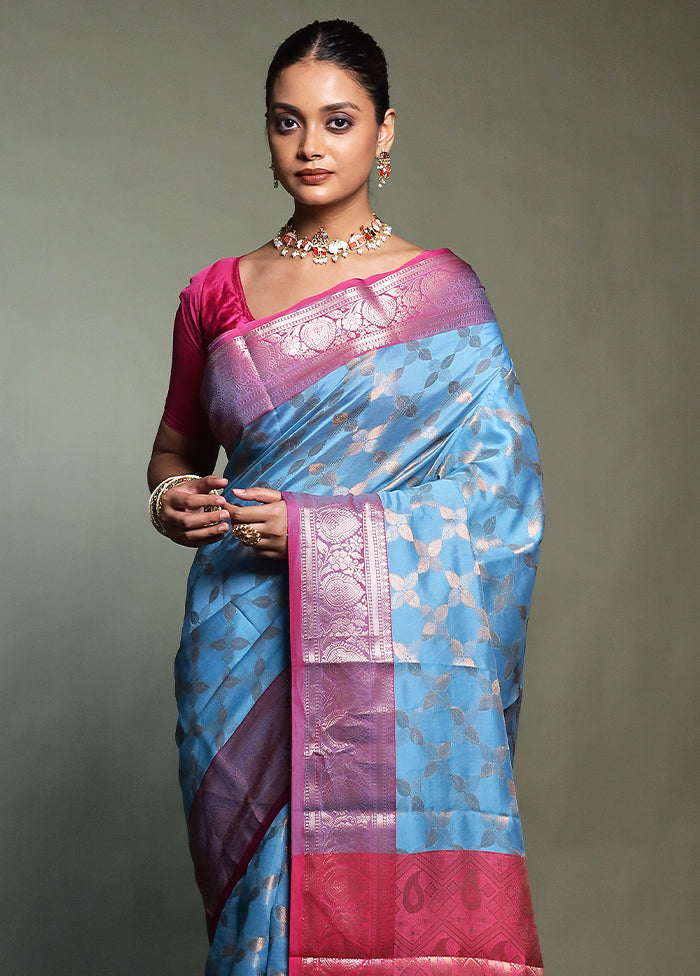 Blue Kora Silk Saree With Blouse Piece