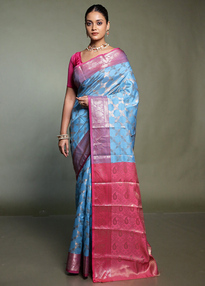 Blue Kora Silk Saree With Blouse Piece