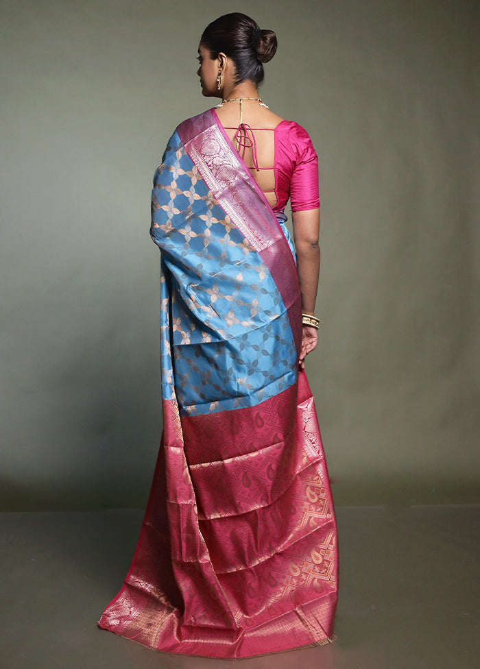 Blue Kora Silk Saree With Blouse Piece