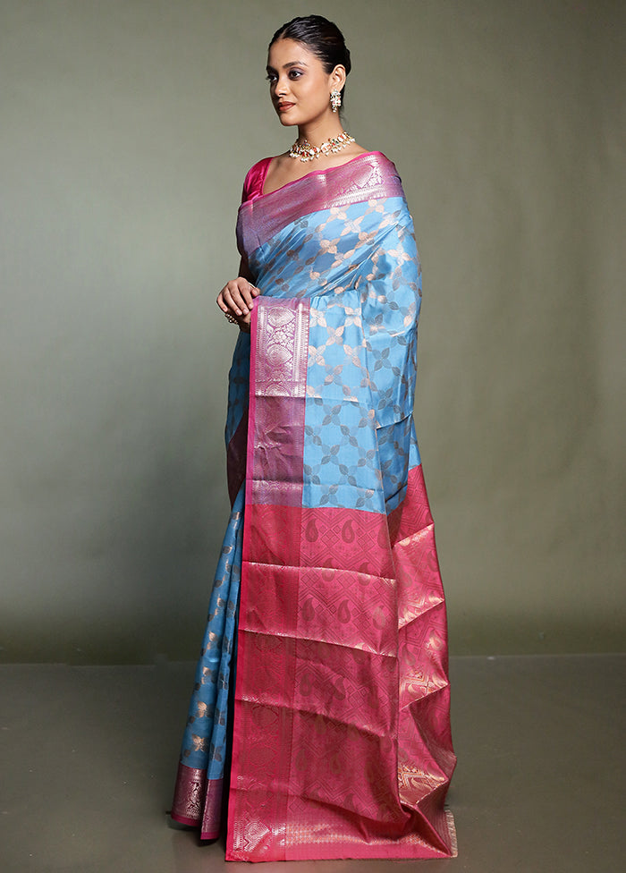 Blue Kora Silk Saree With Blouse Piece