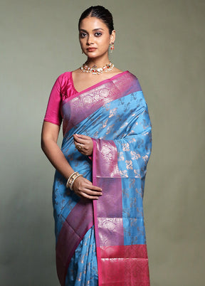 Blue Kora Silk Saree With Blouse Piece