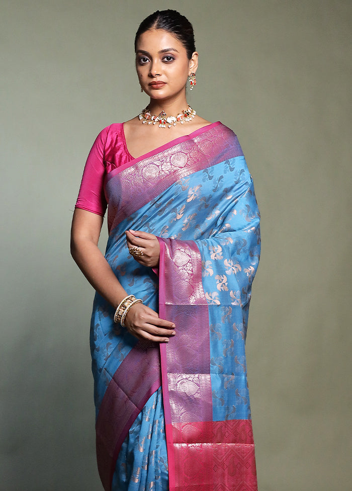 Blue Kora Silk Saree With Blouse Piece