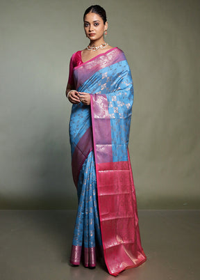 Blue Kora Silk Saree With Blouse Piece