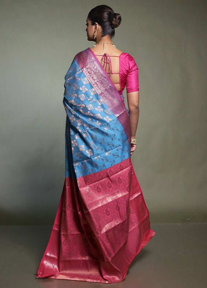 Blue Kora Silk Saree With Blouse Piece