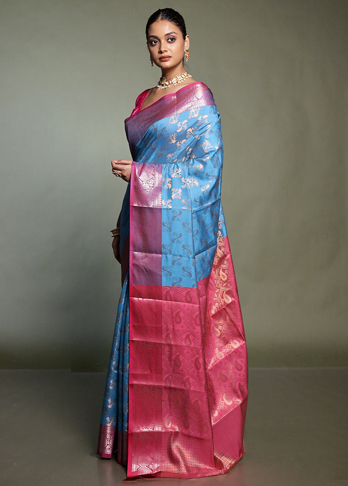 Blue Kora Silk Saree With Blouse Piece