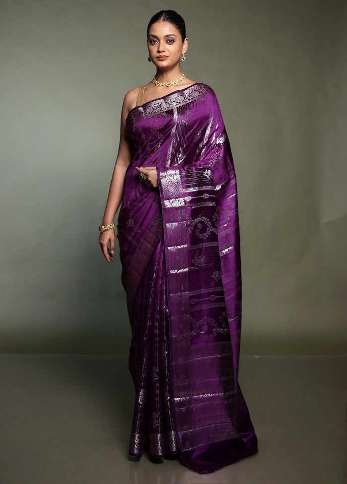 Purple Handloom Dupion Pure Silk Saree With Blouse Piece