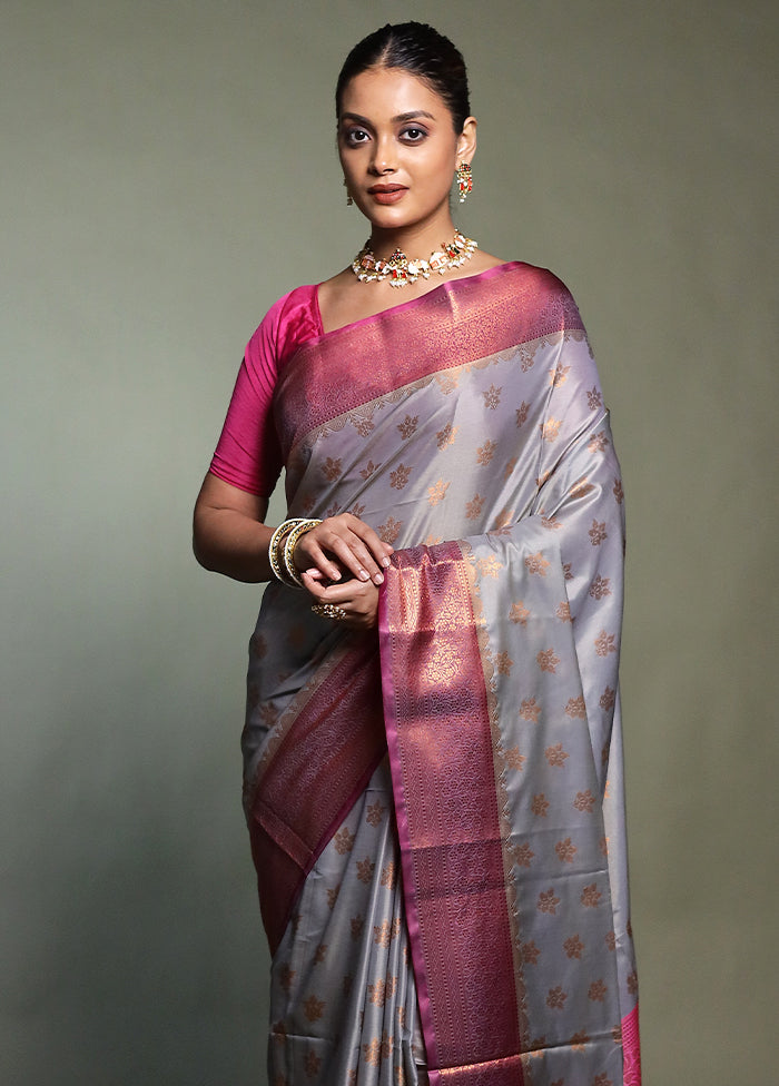 Grey Dupion Silk Saree With Blouse Piece