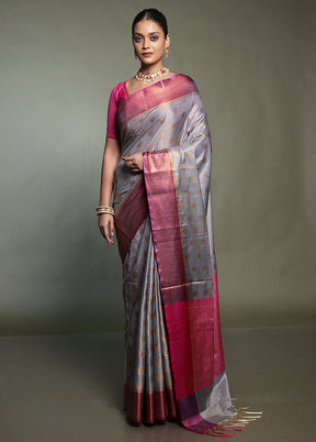 Grey Dupion Silk Saree With Blouse Piece