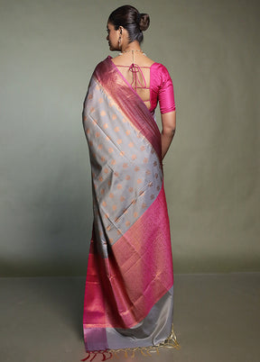 Grey Dupion Silk Saree With Blouse Piece