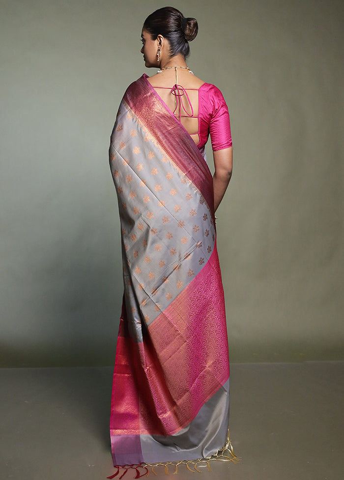 Grey Dupion Silk Saree With Blouse Piece