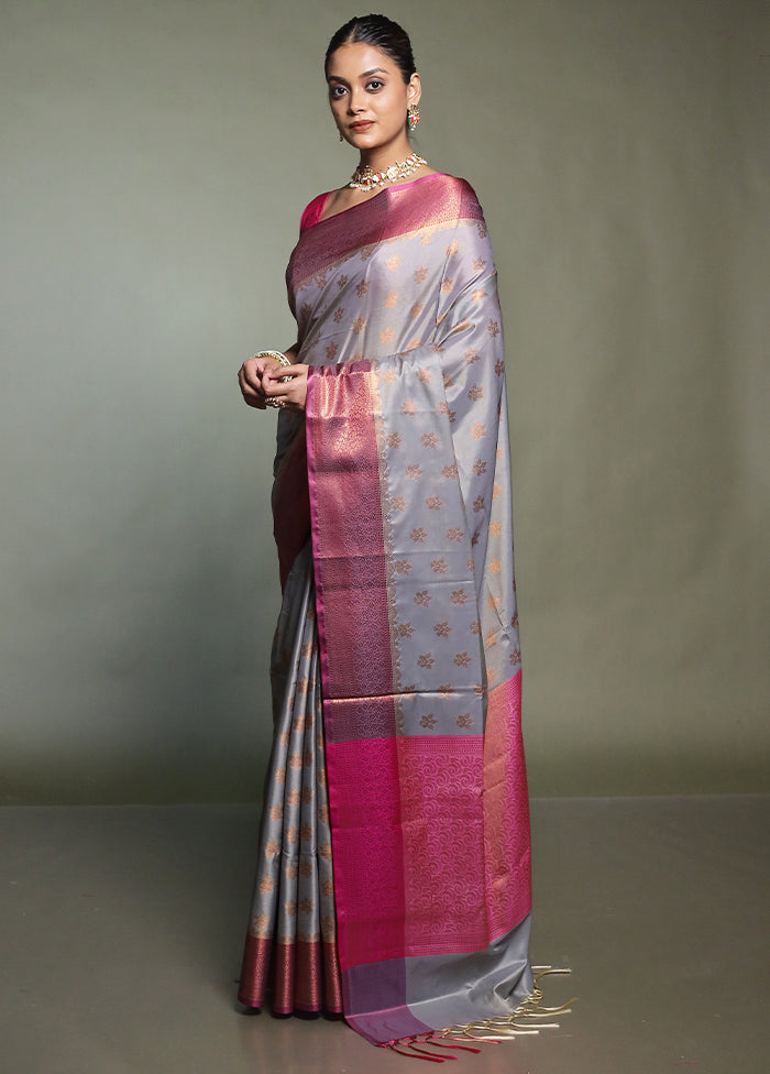 Grey Dupion Silk Saree With Blouse Piece