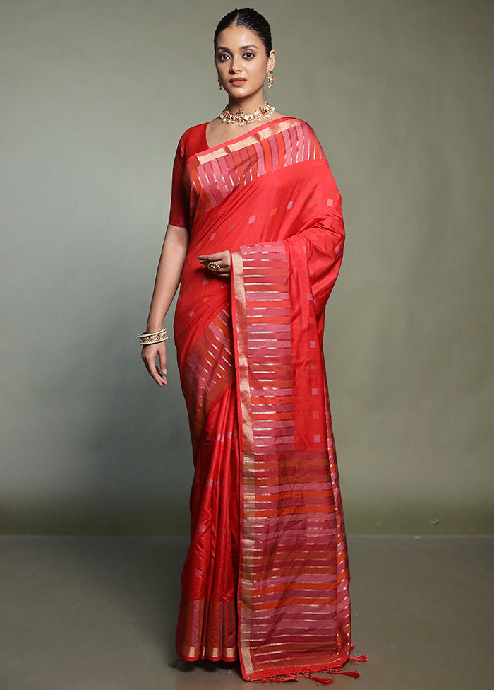 Red Dupion Silk Saree With Blouse Piece