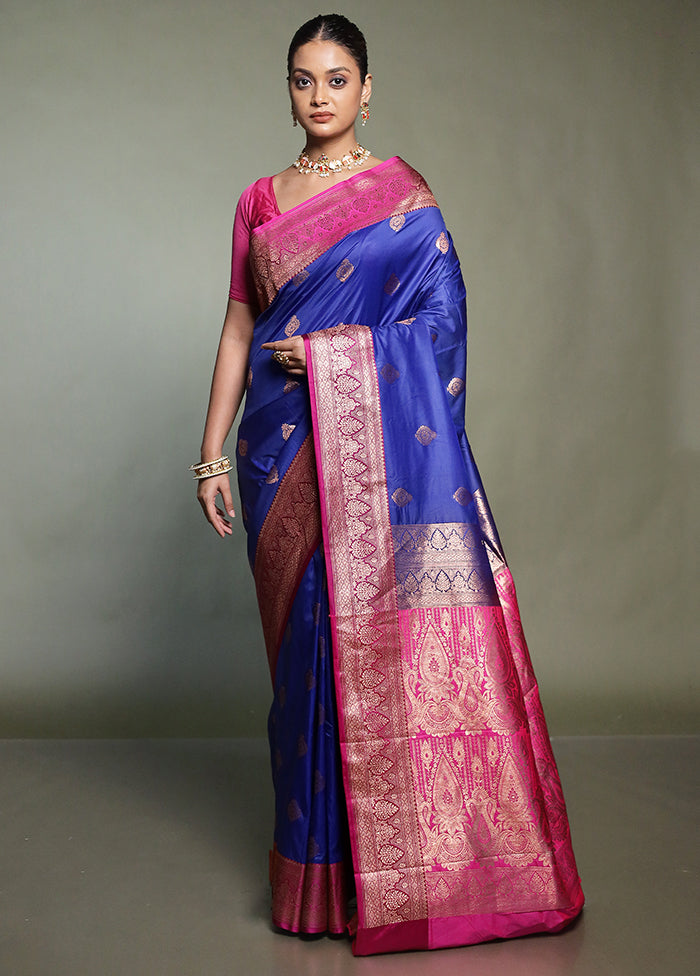Blue Katan Silk Saree With Blouse Piece