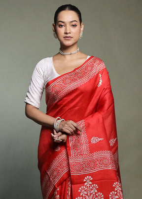 Red Printed Pure Silk Saree Without Blouse Piece