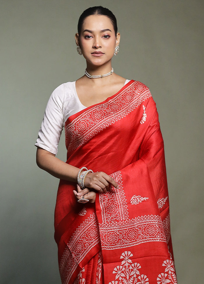 Red Printed Pure Silk Saree Without Blouse Piece