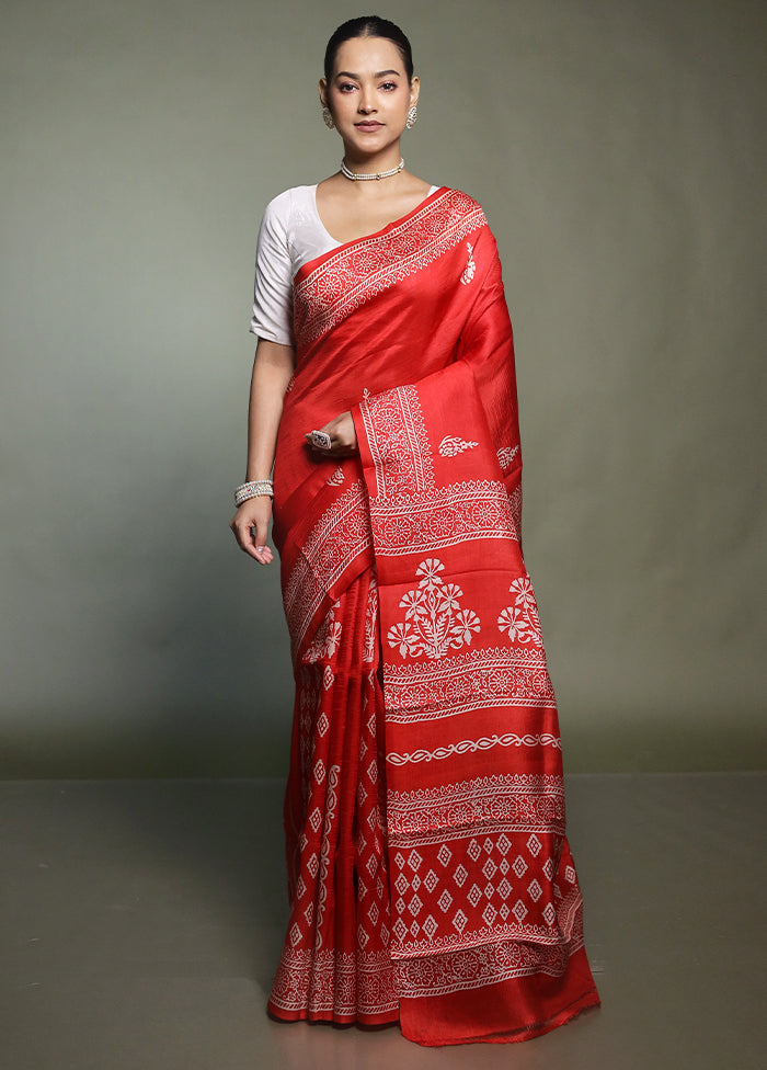 Red Printed Pure Silk Saree Without Blouse Piece